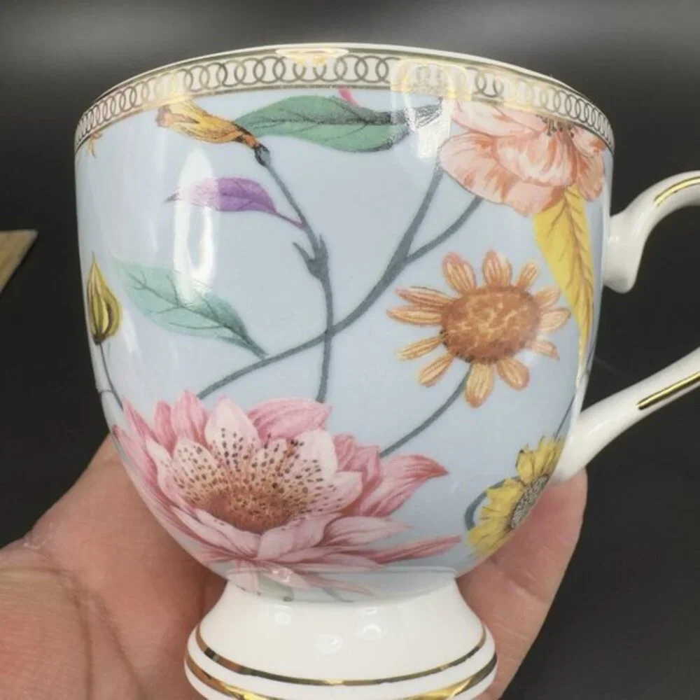 Shabby Chic Fine Porcelain Teacup And Saucer‎ Set Tea Cup Plate Blue Floral Bird